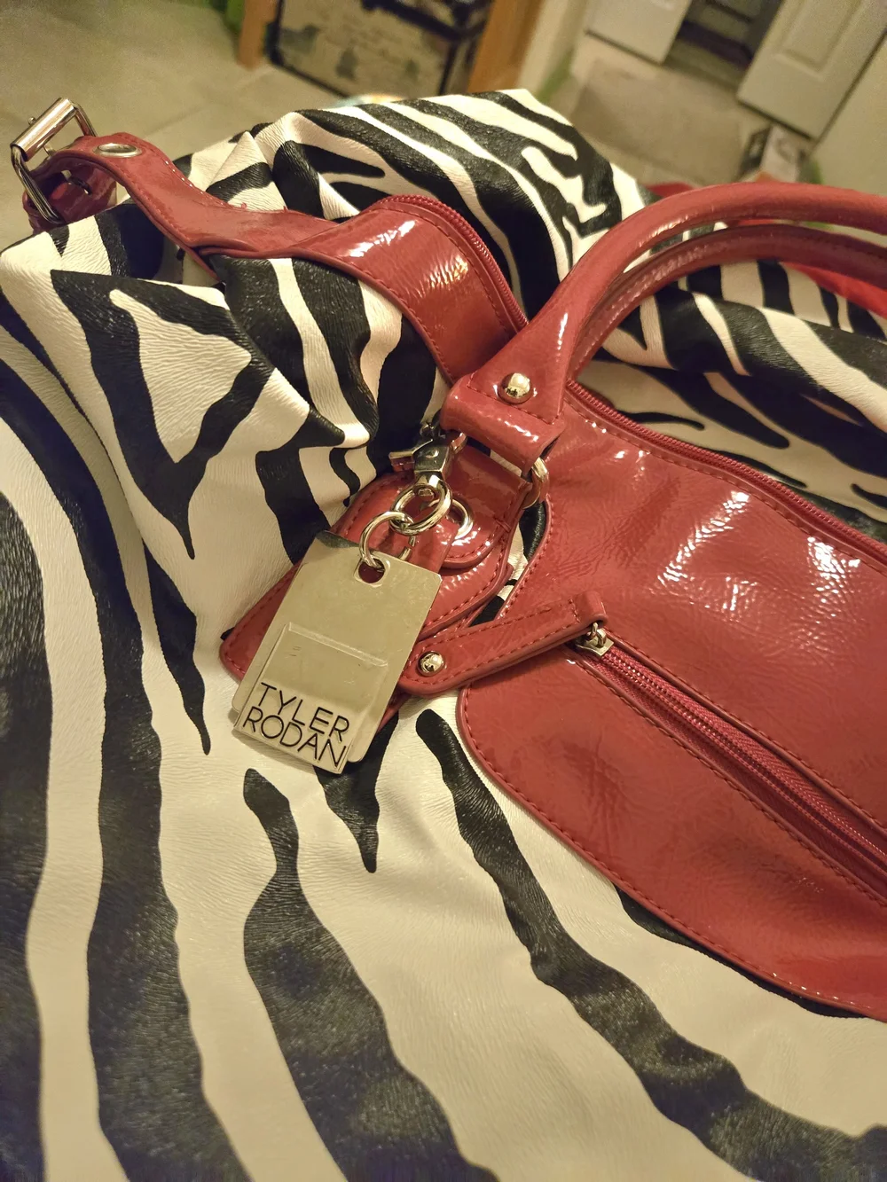 Zebra Print Shoulder Bag with Red Trim